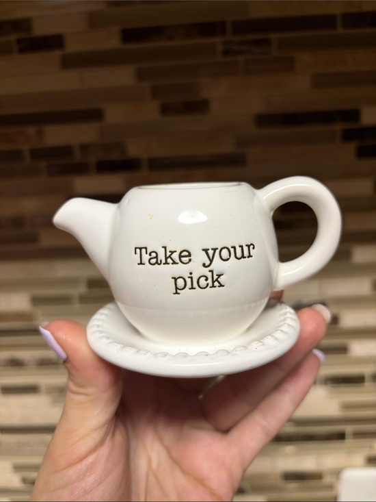 Mud Pie Other - MudPie Ceramic Mini Teapot with Saucer Toothpick Holder or Trinket Dish